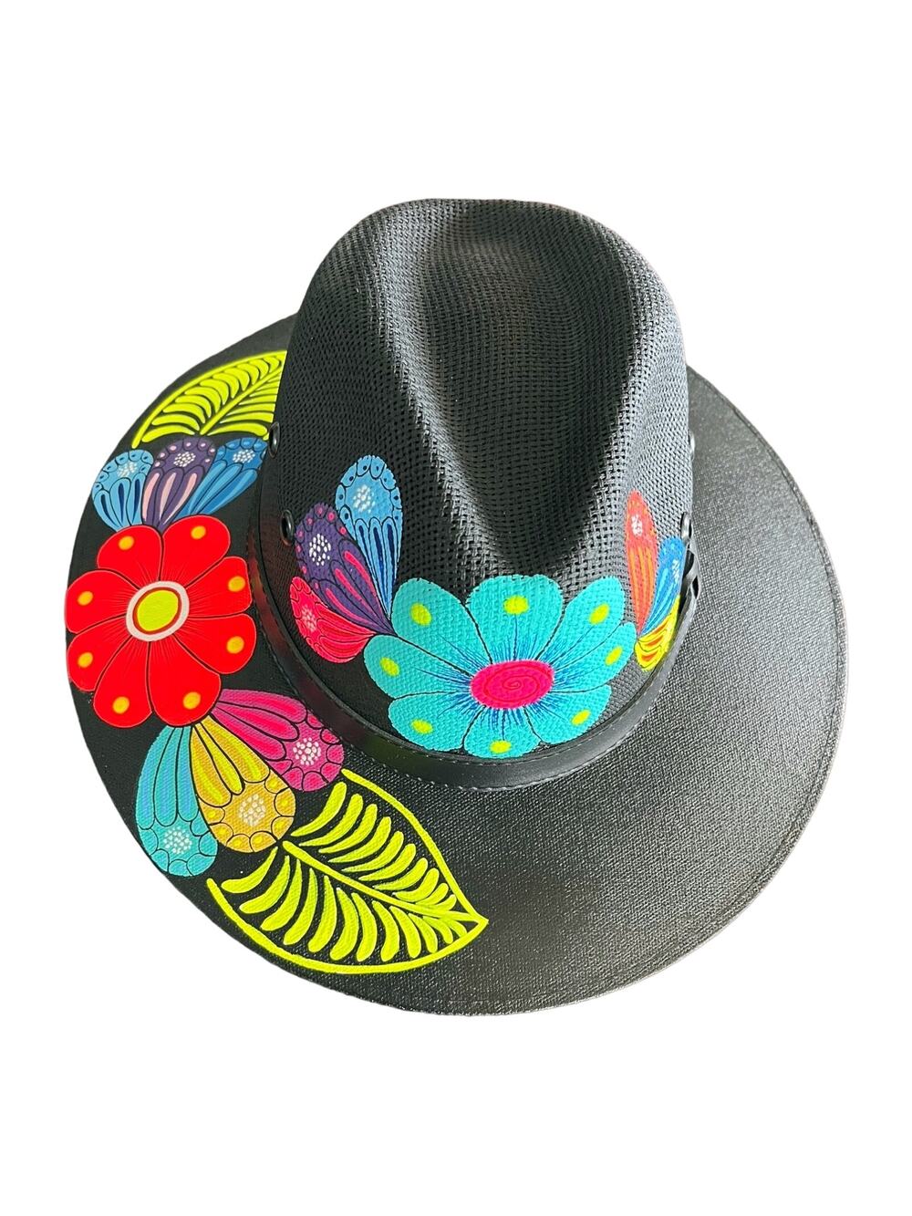 HAT MEXICAN Artisanal Hand Painted Fedora Floral Sombrero Panama Bohemian Black